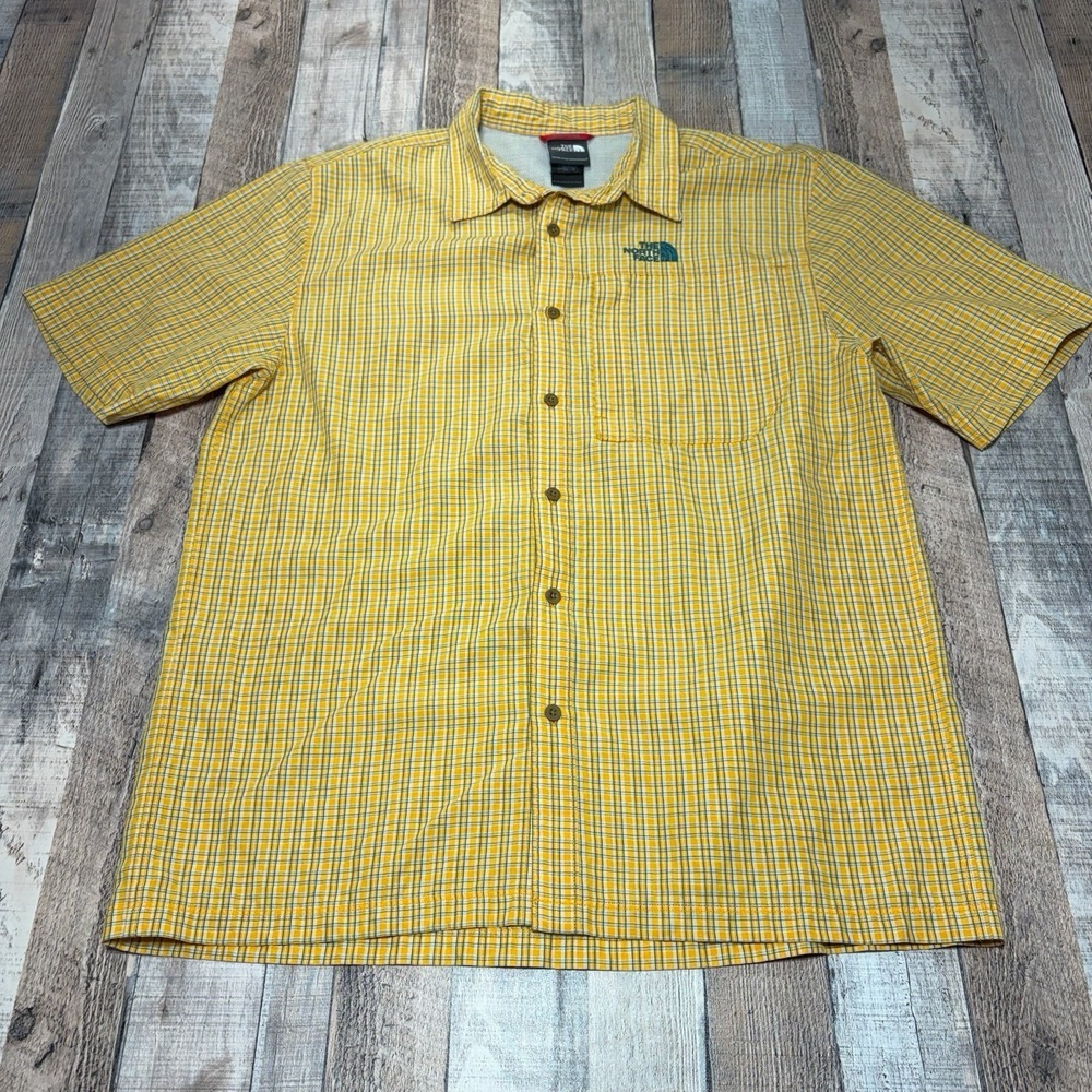 The North Face Button Up Shirt Mens Medium Yellow Plaid Short Sleeve Hiking